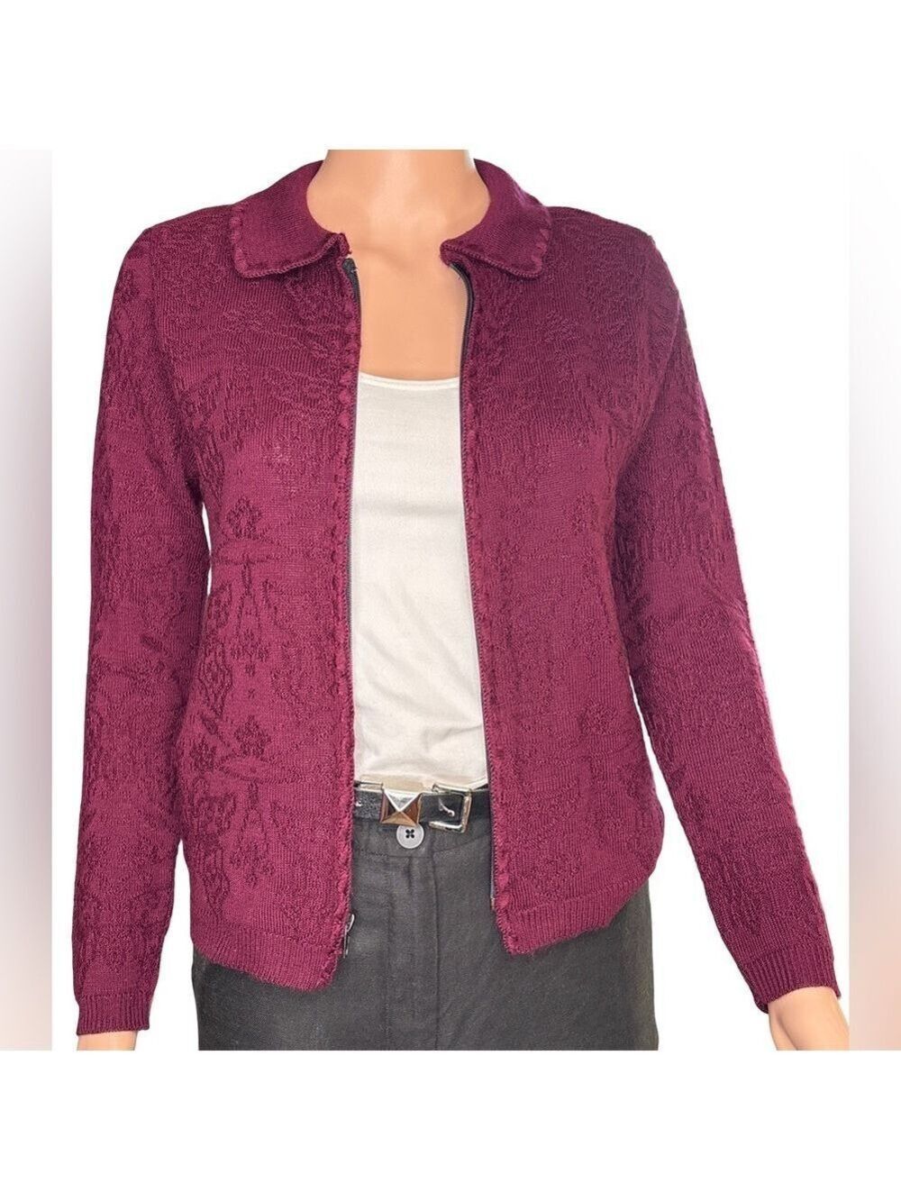 DKNY Burgundy Knit Sweater, Medium, Zip Up